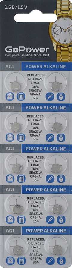 Батарейка GoPower G1/LR621/LR60/364A/164 BL10 Alkaline 1.5V отрывные (10/100/3600) Элементы питания (батарейки) фото, изображение